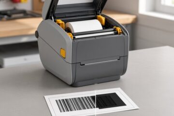 Etykieta z pionową białą linią obok głowicy drukarki Zebra