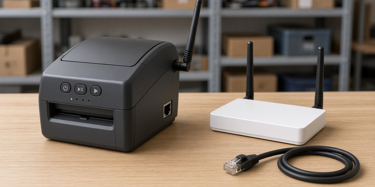 Drukarka Zebra z anteną Wi-Fi obok routera