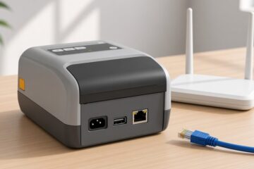 Drukarka Zebra ZD421 obok routera Wi-Fi z odpiętym kablem Ethernet