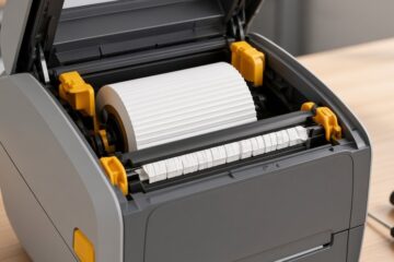 Zacięte etykiety na wałku w otwartej drukarce Zebra ZD421
