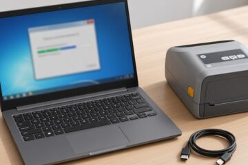 Laptop z Windows i drukarka Zebra ZD421 z kablem USB