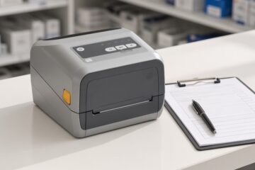 Drukarka etykiet Zebra ZD421 na ladzie serwisowej obok formularza wyceny naprawy